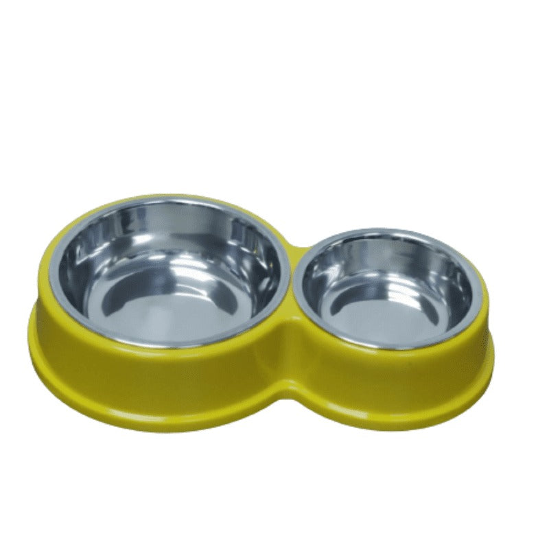 Double Dining Pet Feedrer With Stainless Steel Bowl & Non Slip Rubber Bottom-Yellow ? 28.3*17.3*5Cm