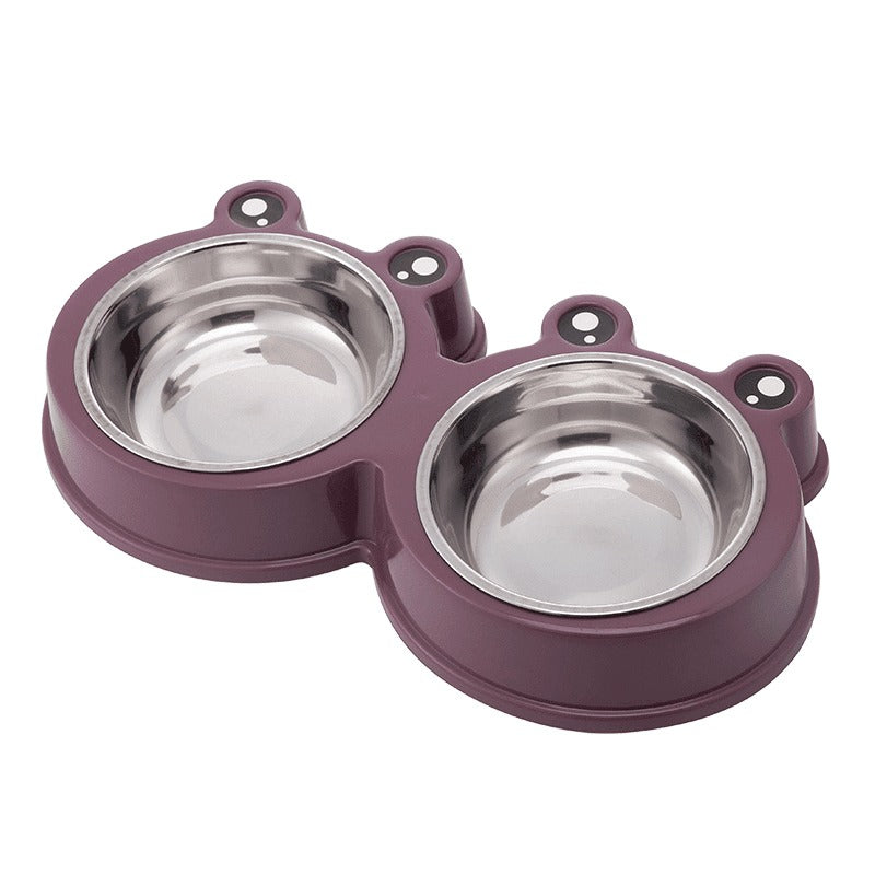 Double Dining Frog Shaped Pet Feedrer With Stainless Steel Bowl & Non Slip Rubber Bottom,Purple- 27.8*15.5*4Cm