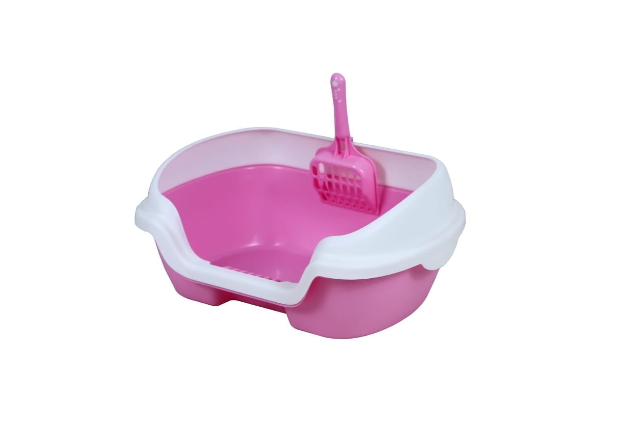 Semi-Enclosed Litter Box Anti Flashing Cat Sand Basin With Scoop- Size - 40*30*11.5 Cm - Pink Color