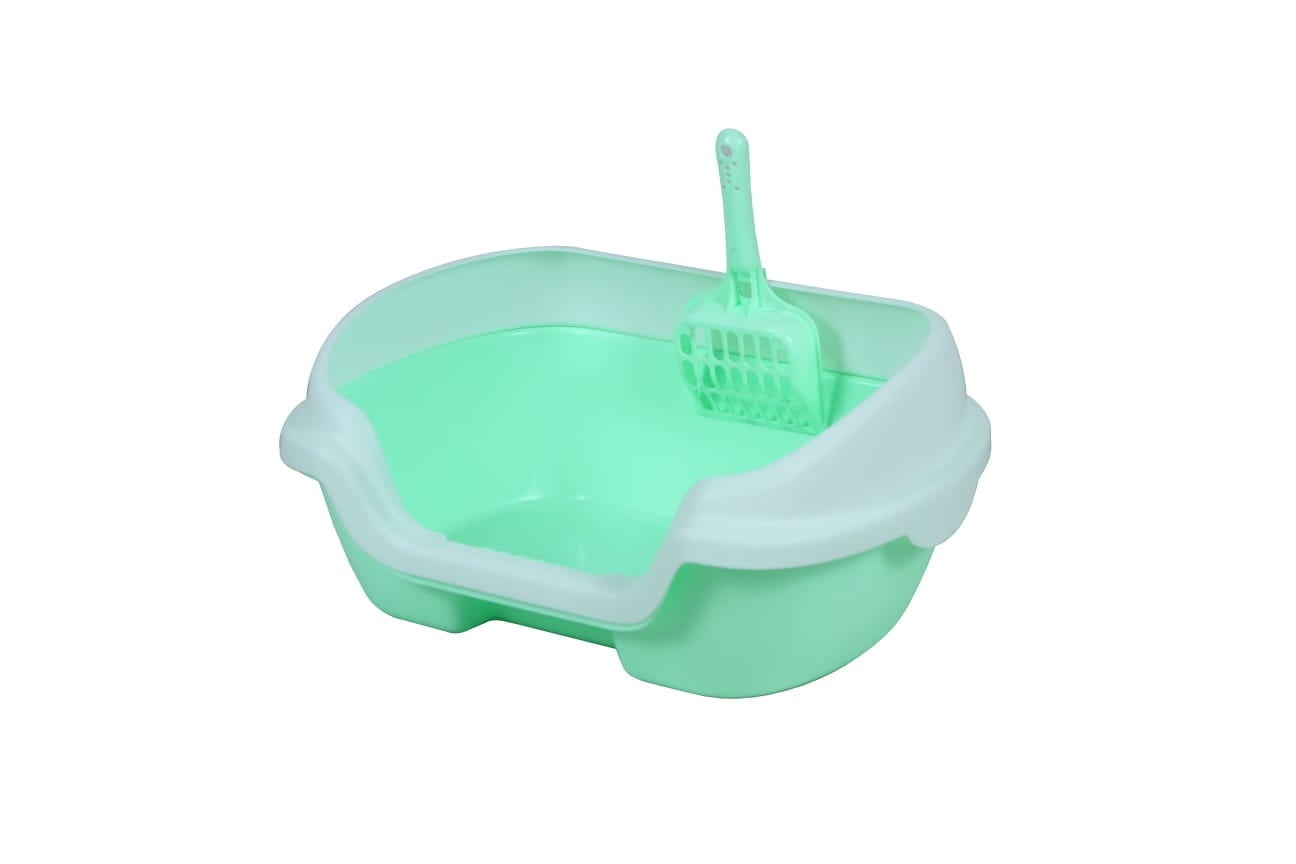 Semi-Enclosed Litter Box Anti Flashing Cat Sand Basin With Scoop- Size - 40*30*11.5 Cm - Green Color