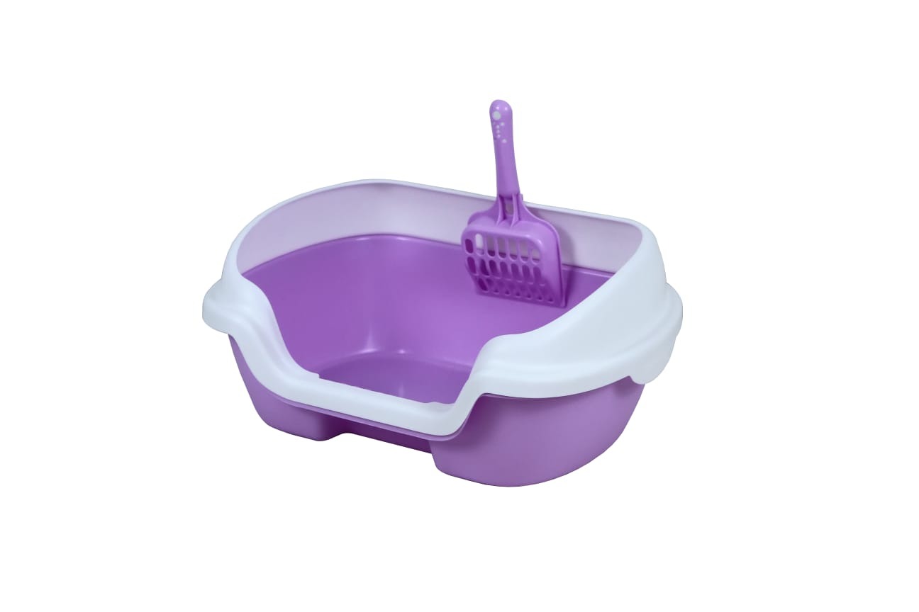 Semi-Enclosed Litter Box Anti Flashing Cat Sand Basin With Scoop- Size - 40*30*11.5 Cm - Purple Color