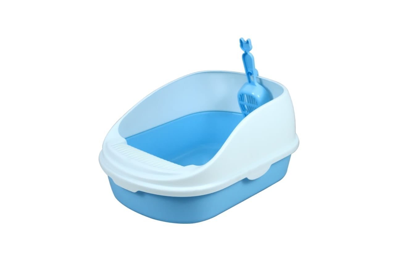 Open Cat Toilet With High Rim Anti Flashing Litter Box With Scoop -Size - 56*39*26 Cm - Blue Color - Large