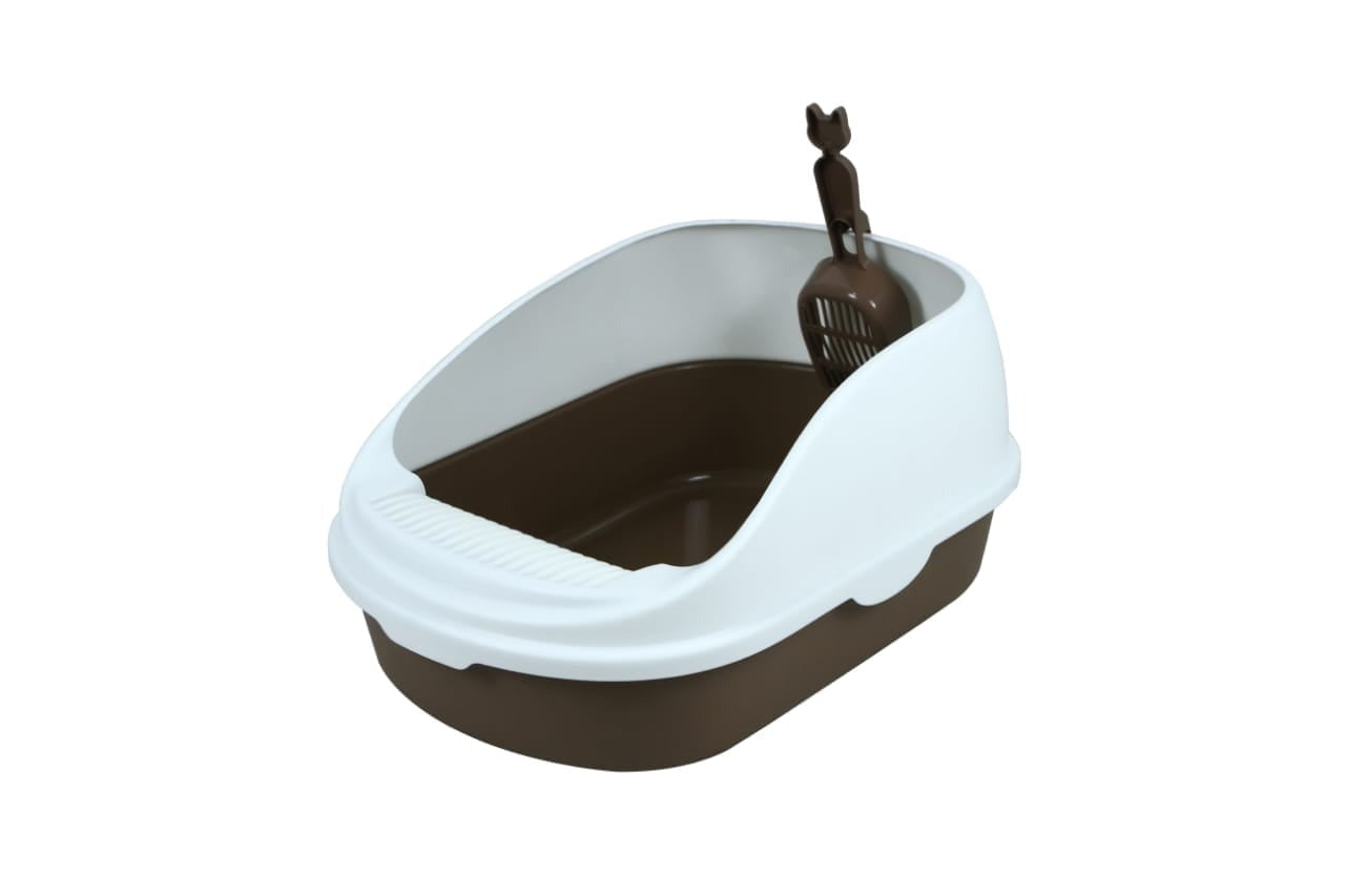 Open Cat Toilet With High Rim Anti Flashing Litter Box With Scoop -Size - 49*34*22.5 Cm - Coffee Color