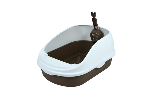 Open Cat Toilet With High Rim Anti Flashing Litter Box With Scoop -Size - 49*34*22.5 Cm - Coffee Color