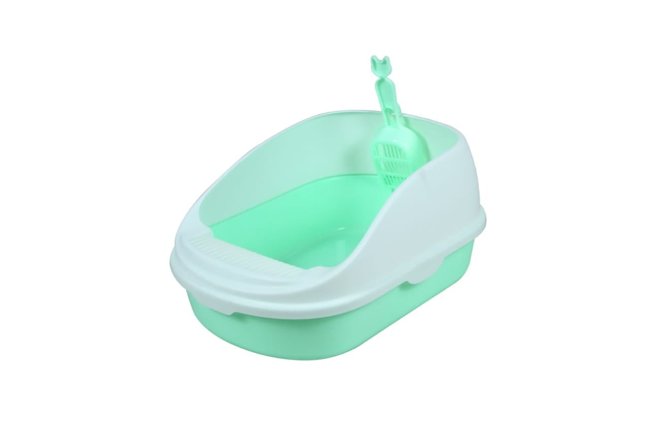 Open Cat Toilet With High Rim Anti Flashing Litter Box With Scoop -Size - 49*34*22.5 Cm - Green Color