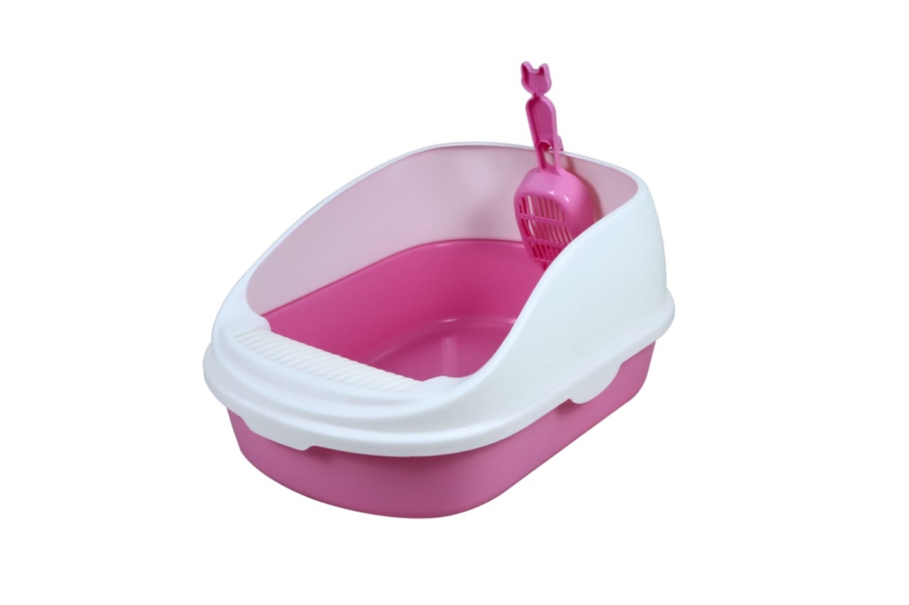 Open Cat Toilet With High Rim Anti Flashing Litter Box With Scoop -Size - 56*39*26 Cm - Pink Color - Large