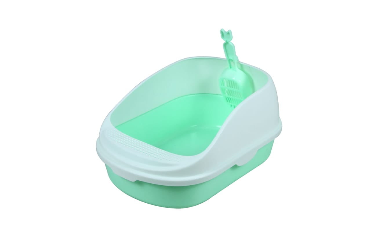 Open Cat Toilet With High Rim Anti Flashing Litter Box With Scoop -Size - 56*39*26 Cm - Green Color - Large