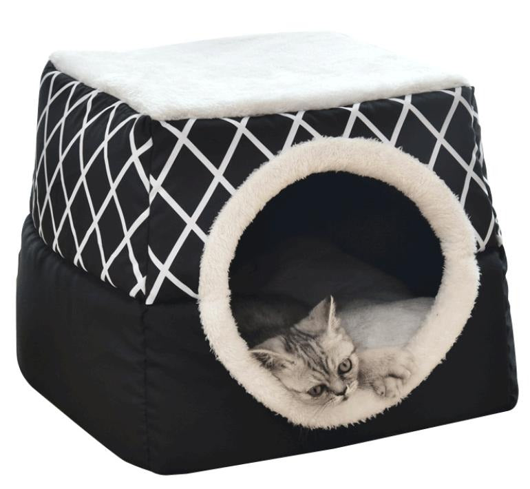 Pets Club Dog And Cat Cub Indoor House With Sponge And Anti - Slip Bottom -Grey/Black - 38*38*34 Cm - X Large